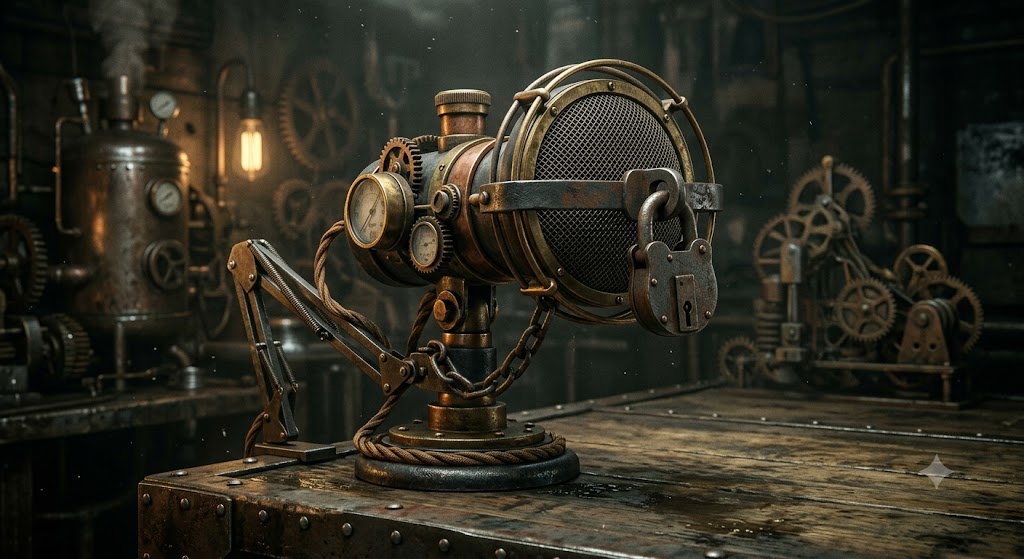 Steampunk microphone with padlock - press freedom under assault.