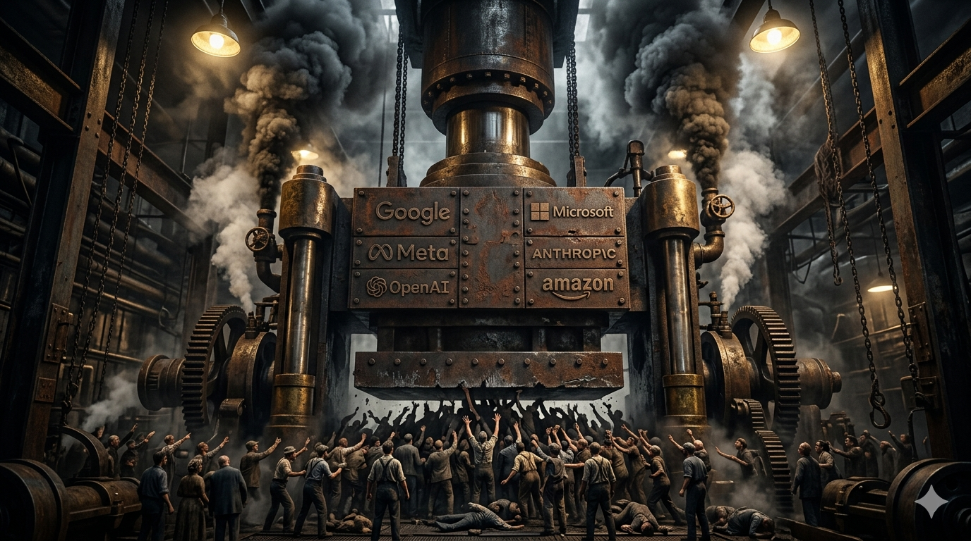 Industrial steampunk crushing machine stamped with major tech logos descending on workers.