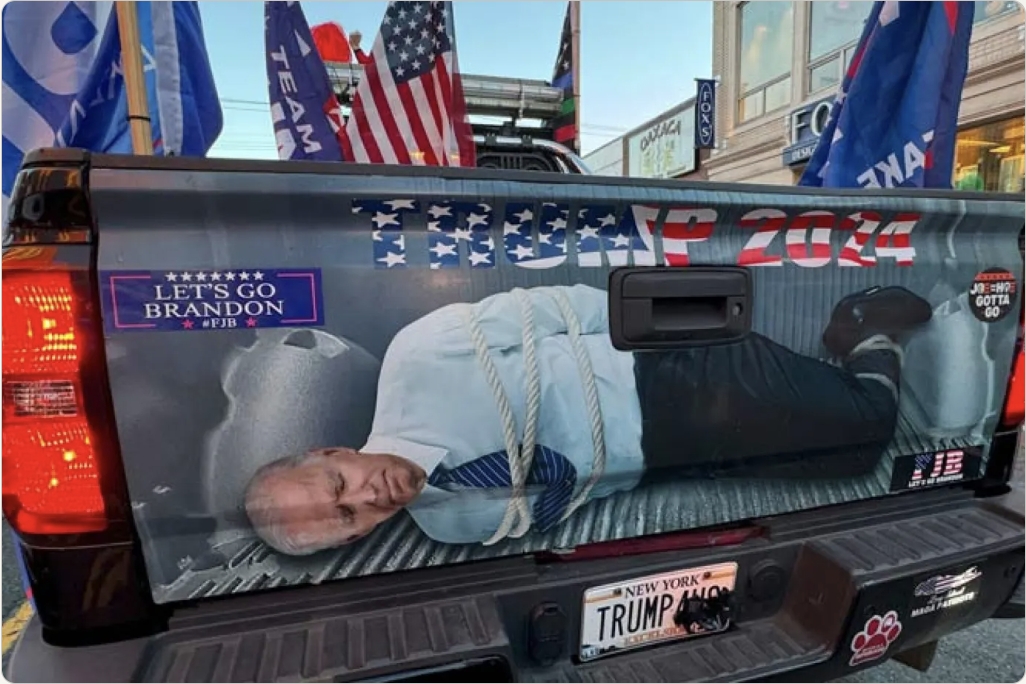 Truck with image of Joe Biden bound in the truck bed, posted by Trump on Truth Social in March 2024.